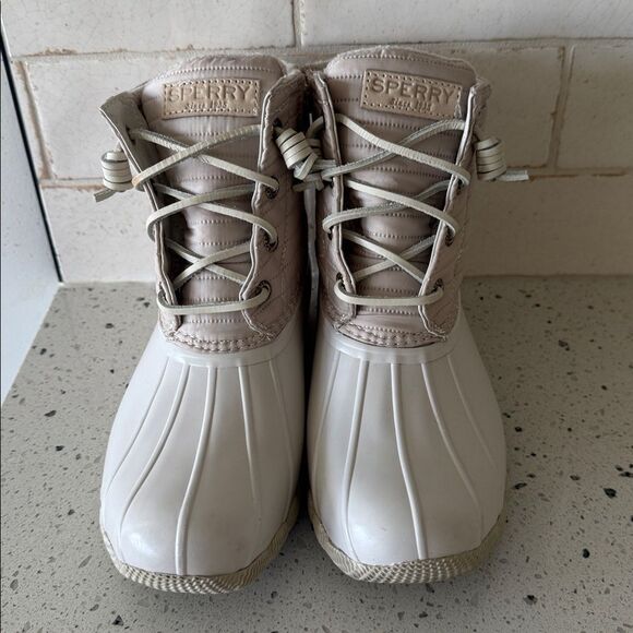 Sperry Cream Duck Rubber Rain Ankle Boots Outdoors Performance Casual Size 6 EUC - Picture 2 of 12